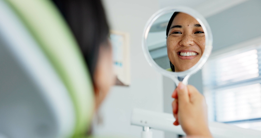 Dental,,Smile,And,Happy,Woman,With,Mirror,Check,At,A